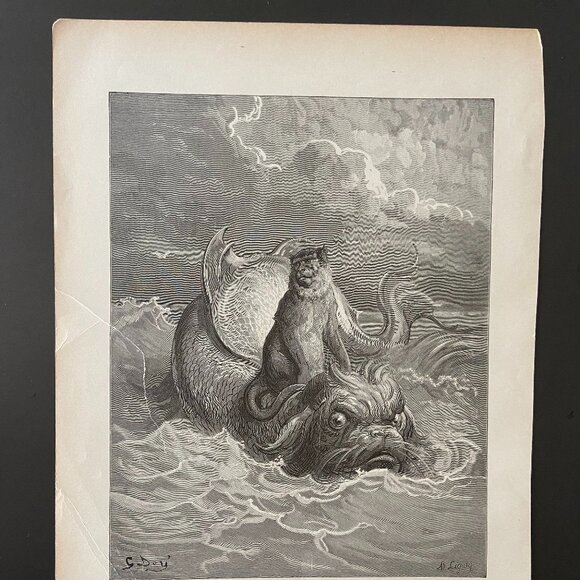 Gustave Dore,  Woodcut Engraving, Antique Print, The Monkey and the Dolphin - Picture 4 of 5